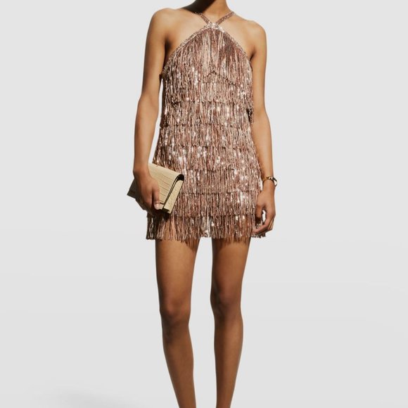 NWT BRONX AND BANCO Isle Sequin Fringe Mini Gold Dress - Picture 1 of 3